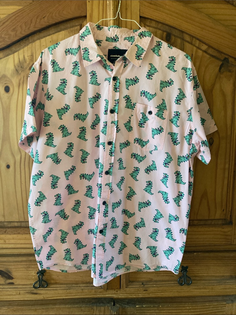 Rugrats Reptar Nickelodeon pink green short sleeve button down shirt size XXL